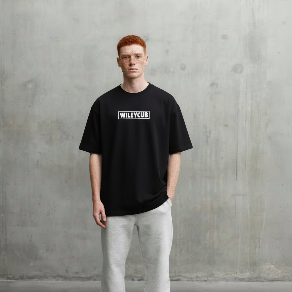 Oversized Wiley Cub Boxed Text T-Shirt in Black